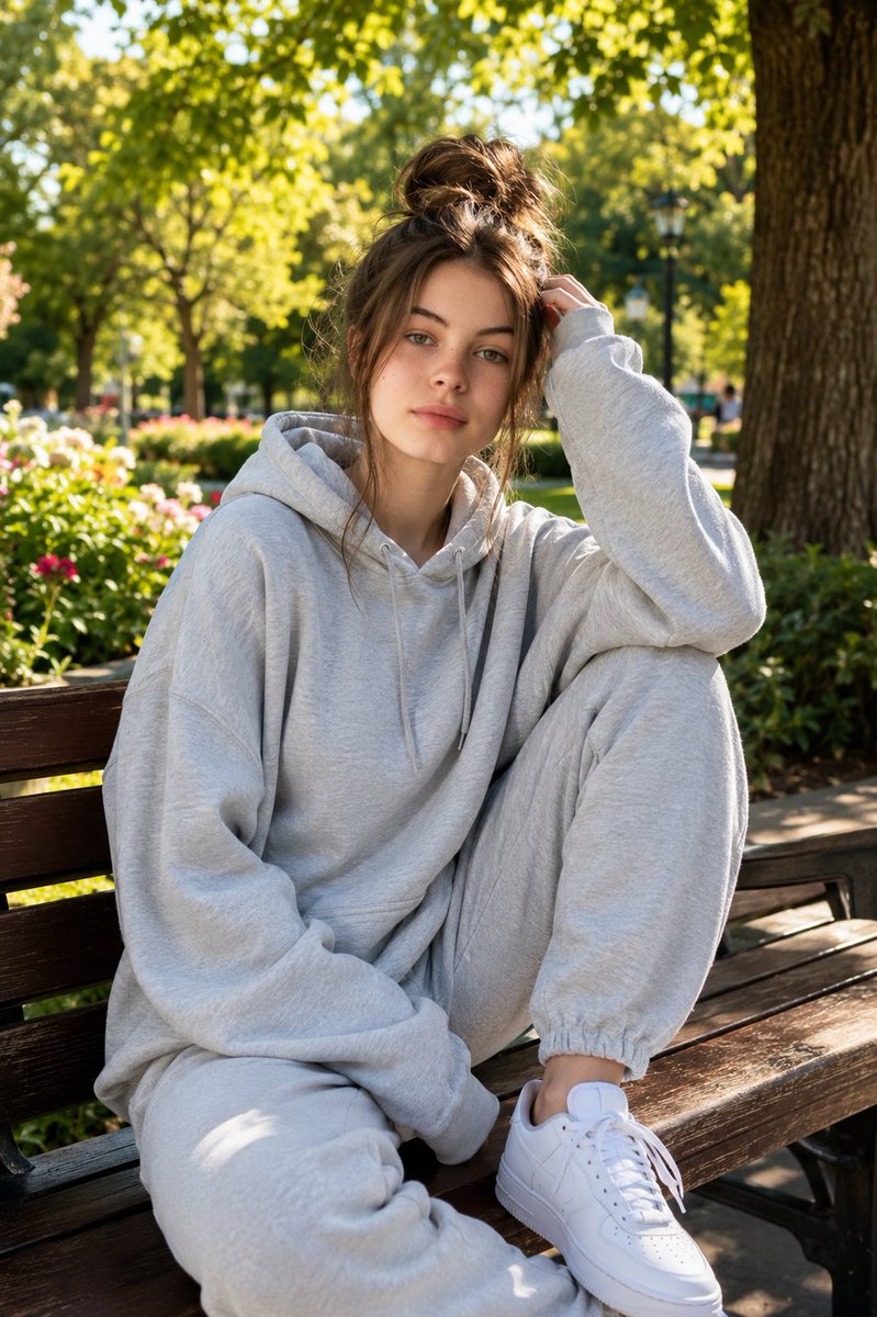 一位迷人的年轻女子慵懒地坐在郁郁葱葱的城市公园中的木质长椅上,正值阳光明媚的下午。她身穿浅灰色超大号连帽衫和配套的慢运动裤,脚踩干净的白色彩色…, 图片 1