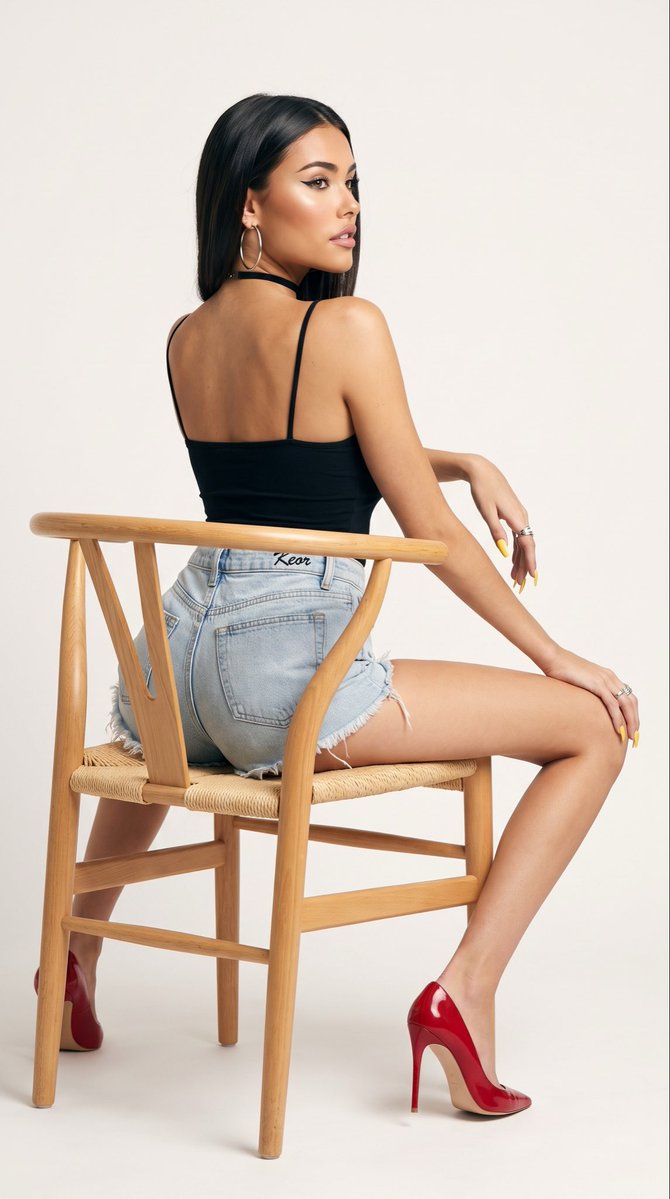 一张全长棚拍编辑级人像照,主体为 madison beer,直发中分。她坐在一把浅色木质餐椅上,椅面为编织草席;她的身体背向镜头,主要展示背部…, 图片 1