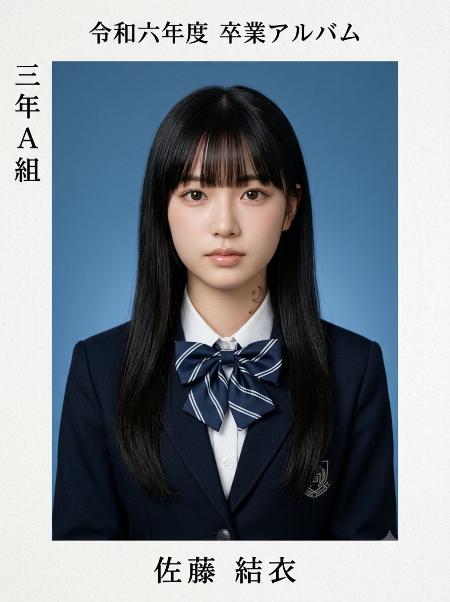 超写实的日本高中毕业纪念册肖像照,采用正式的毕业照风格,拍摄一位美丽的东亚少女。她有着长长丝滑的乌黑直发,整齐的齐刘海勾勒出脸庞,瓷白肌肤,柔…, 图片 1
