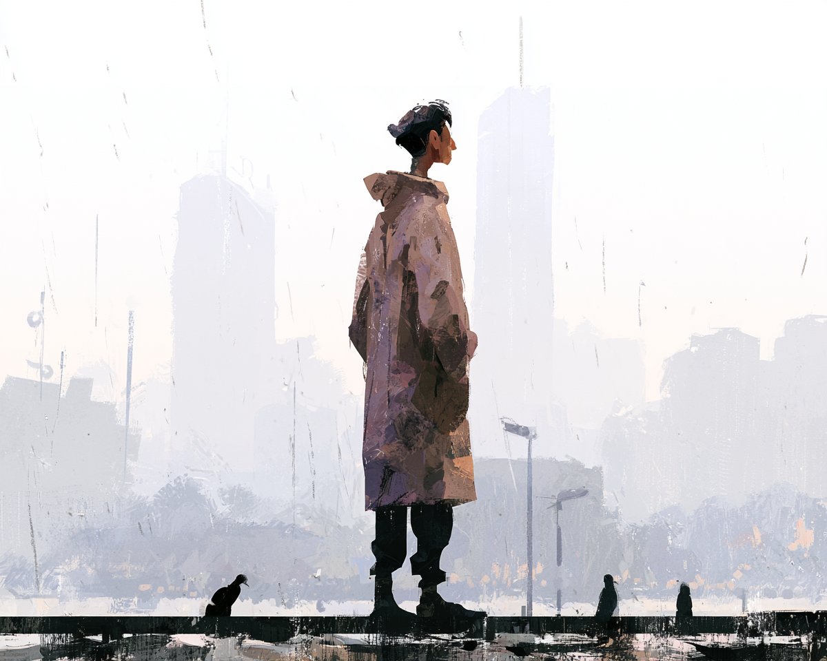 一位独自的女人身穿长款风化外套,站在雨后苍白的未来城市之上,纪念碑式尺度,下方是微小的行人,远处的塔楼消融于白雾之中,柔和的灰色与薰衣草色调,…, 图片 1