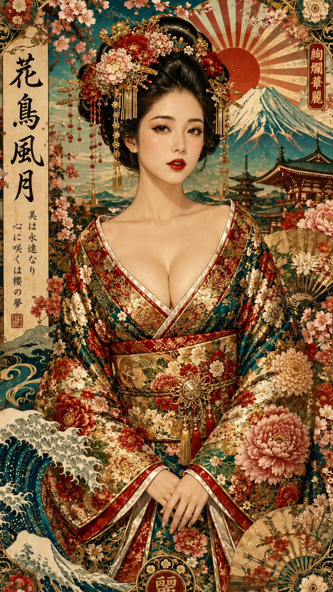 一张奢华的纵向日式风格人像海报，画面中是一位优雅的女子，身着以青绿、朱红与金色花卉纹样装饰的华丽和服，正面端坐，双手轻柔交叠。她富有光泽的黑色…, 图片 1