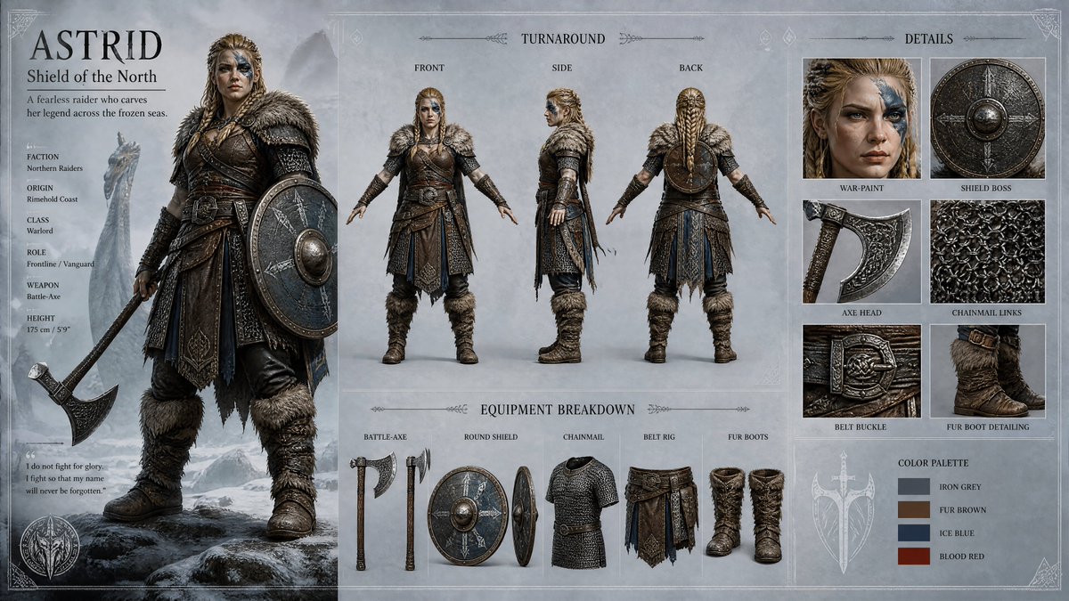 Ultra-detailed 16:9 Viking character design sheet, official AAA RPG character b…
