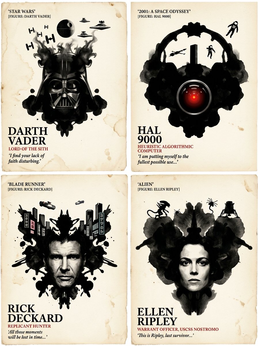2x2 网格 1:1 为4本著名科幻书籍执行此操作: SELECT typography_block, central_inkblot, th…, 图片 1