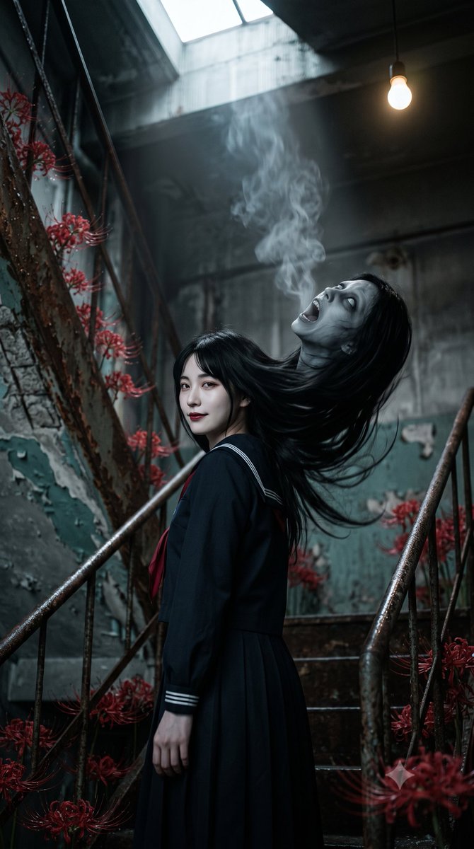 电影感超写实照片，双重人格恐怖肖像，一位身穿日本水手校服的年轻女子平静地回眸看向镜头，苍白瓷质皮肤，深红色嘴唇，微妙会意的表情，长黑发飘动，, 图片 2