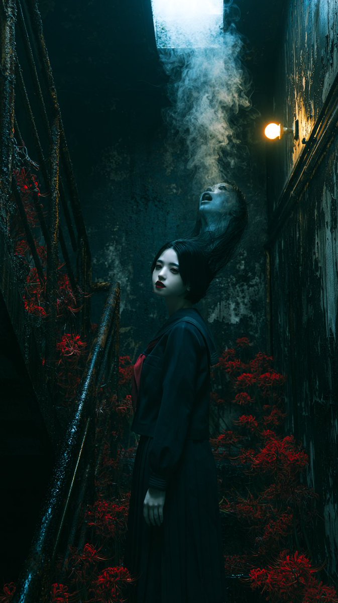 电影感超写实照片，双重人格恐怖肖像，一位身穿日本水手校服的年轻女子平静地回眸看向镜头，苍白瓷质皮肤，深红色嘴唇，微妙会意的表情，长黑发飘动，, 图片 3