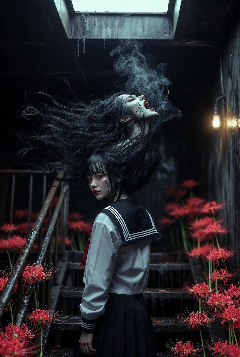 电影感超写实照片，双重人格恐怖肖像，一位身穿日本水手校服的年轻女子平静地回眸看向镜头，苍白瓷质皮肤，深红色嘴唇，微妙会意的表情，长黑发飘动，, 图片 4