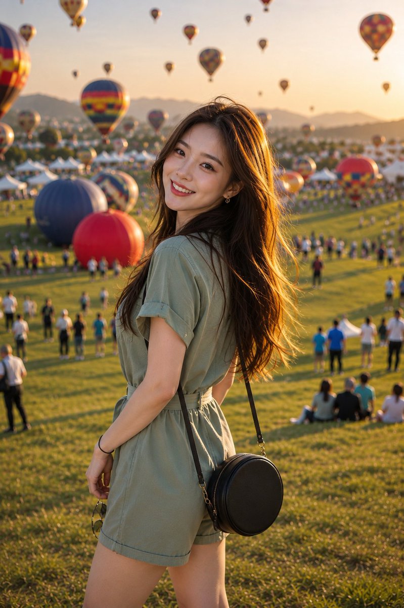 一幅极致真实的旅行人像照,画面中一位迷人的东亚年轻女子在温暖的夏日傍晚享受一场热闹的热气球节。她有着长长的、顺滑的栗棕色头发,在微风中轻轻飘动…, 图片 2