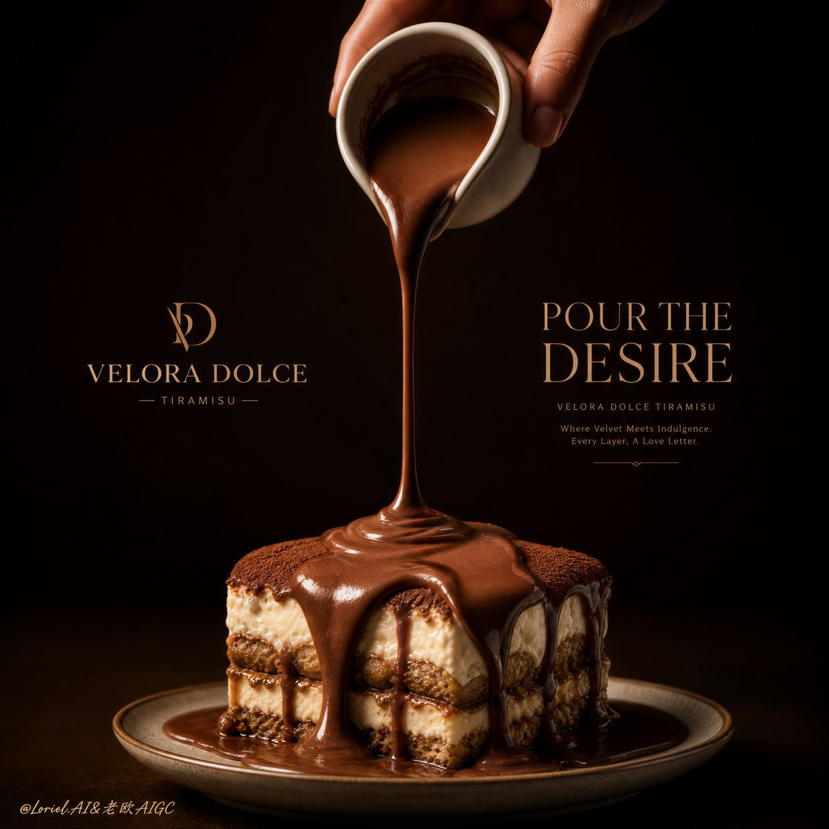 为虚构的提拉米苏品牌 VELORA DOLCE 创作一张超高端商业甜品海报,将 Milk Cloud Orbit 的触感丰富度与 Cream …, 图片 1