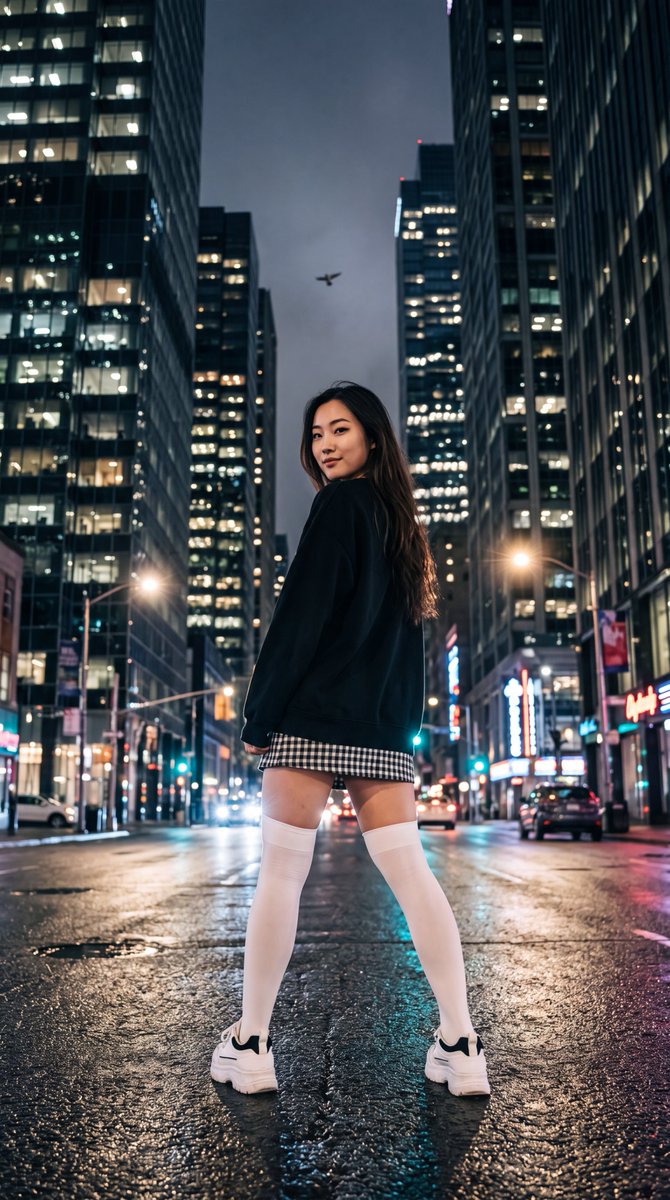仰视低角度镜头,从下方拍摄一位年轻的东亚女性,她站在夜晚湿漉漉的城市街道中央,身体背对镜头但在腰部扭转,越过左肩回头直视观众,表情平静略带神秘…, 图片 1