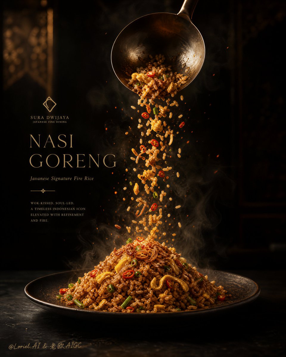 为一家顶级东南亚高端餐厅创作一幅超高端年度主视觉海报，沿用完全相同的构图骨架：以一份居中的泰式菠萝炒饭作为绝对主角，置于深色、优雅、高度受控的…, 图片 1