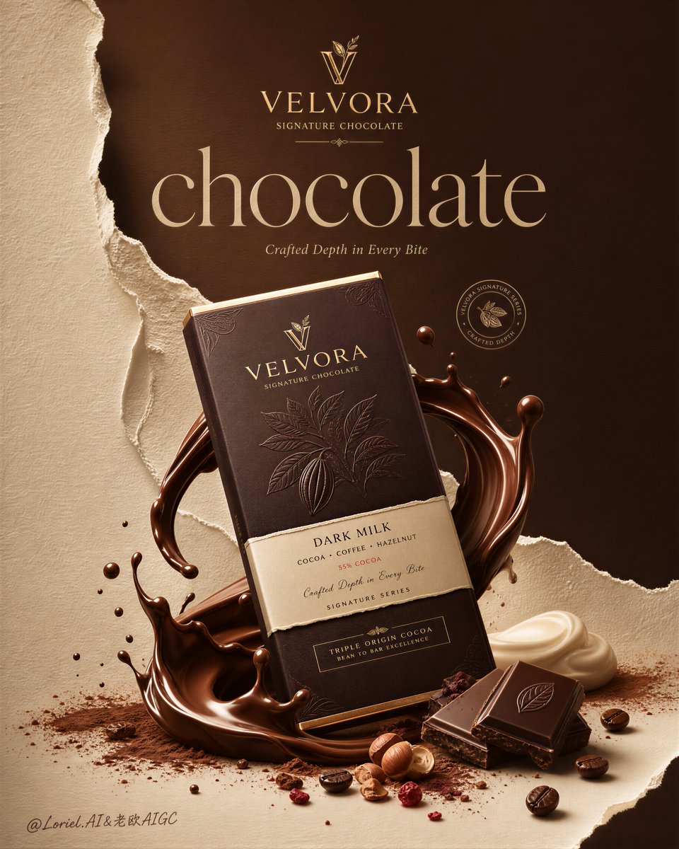为虚构奢侈品牌VELVORA创作同一超高端巧克力系列广告的第二张海报,将Milk Cloud Orbit(牛奶云轨)的触感丰盈感与Cream …, 图片 1