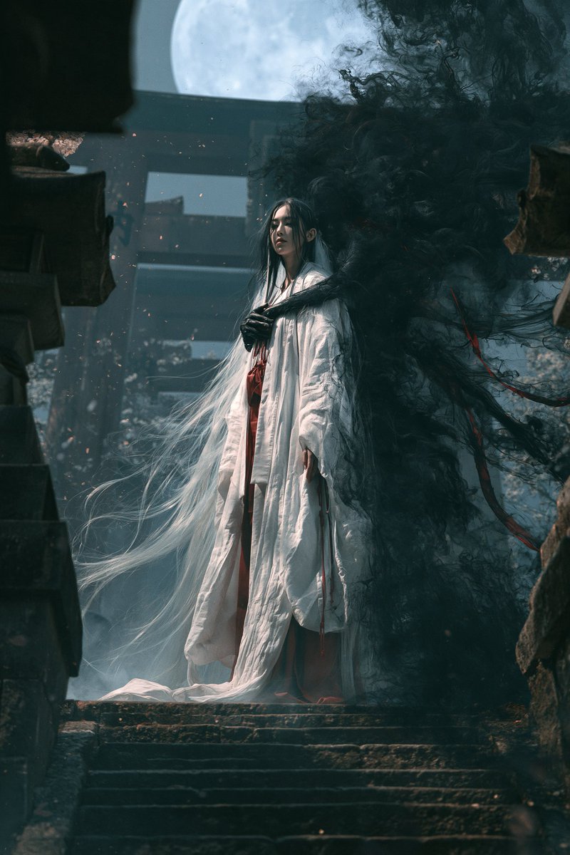 Midjourney v8.1 对比 ChatGPT:雌雄同体的巫女,长长飘动的雪白长发,优雅的白红相间巫女服饰,平静地伫立在高耸的鸟居门下的…, 图片 1