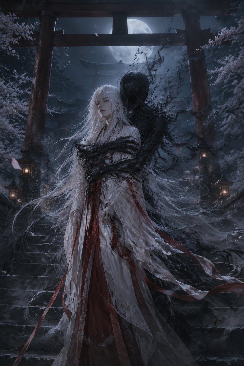 Midjourney v8.1 对比 ChatGPT:雌雄同体的巫女,长长飘动的雪白长发,优雅的白红相间巫女服饰,平静地伫立在高耸的鸟居门下的…, 图片 2