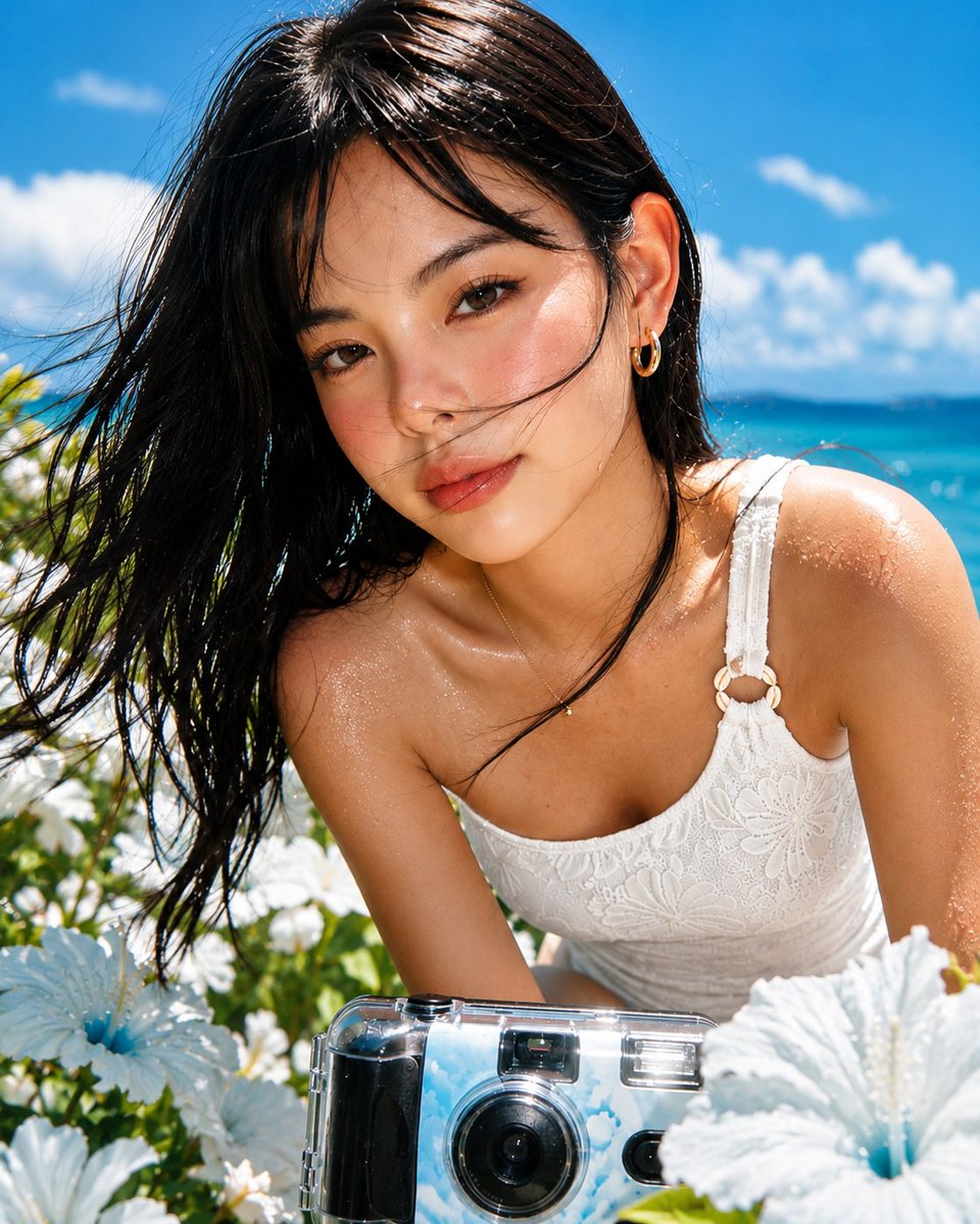 超写实特写海滩人像:一位美丽的年轻东亚女性在海边郁郁葱葱的热带花园中,微微向镜头倾斜。她拥有一头海风轻拂过的柔顺乌黑长发,柔软的碎刘海修饰着脸…, 图片 1