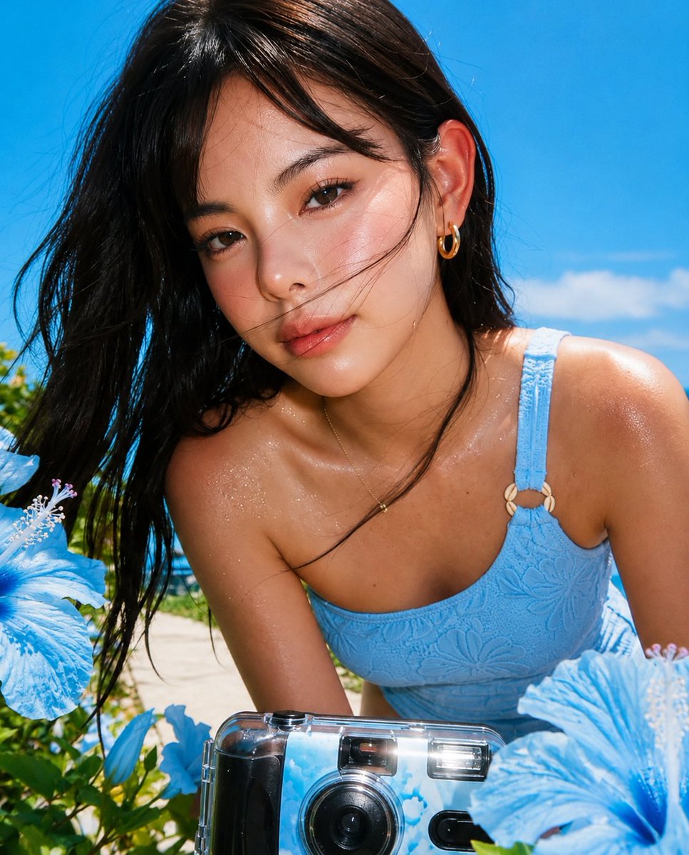 超写实特写海滩人像:一位美丽的年轻东亚女性在海边郁郁葱葱的热带花园中,微微向镜头倾斜。她拥有一头海风轻拂过的柔顺乌黑长发,柔软的碎刘海修饰着脸…, 图片 2