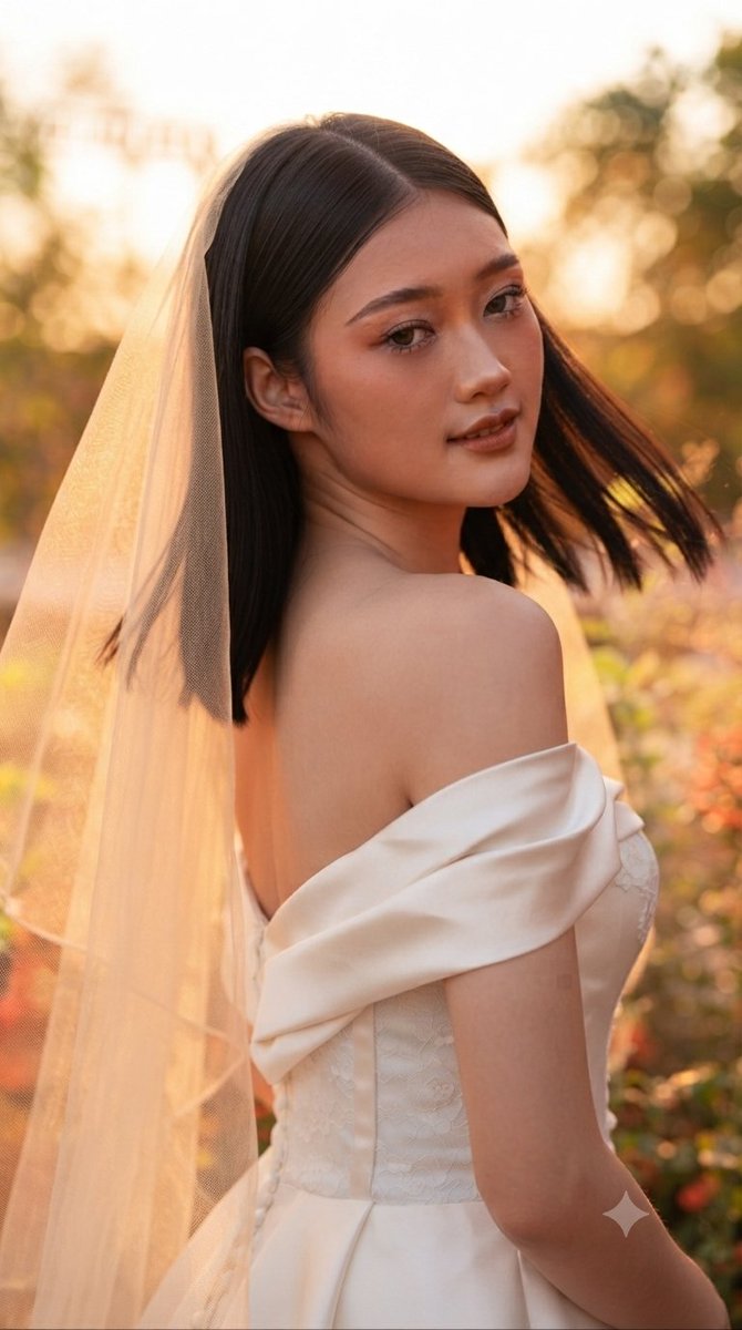 一组电影感的新娘肖像作品,捕捉一位优雅的年轻女性,她拥有顺直的黑发和温暖而有表现力的眼睛,身着一袭优雅的白色缎面与蕾丝露肩婚纱,搭配结构感明显…, 图片 1