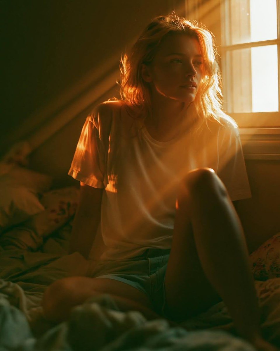 暖色午后阳光下的照片写实风格卧室场景,一位天生丽质的年轻女子坐在床上,轻轻倚靠在窗下墙壁,画面中只有一位女性可见,没有其他人,没有多余的手部出…, 图片 1
