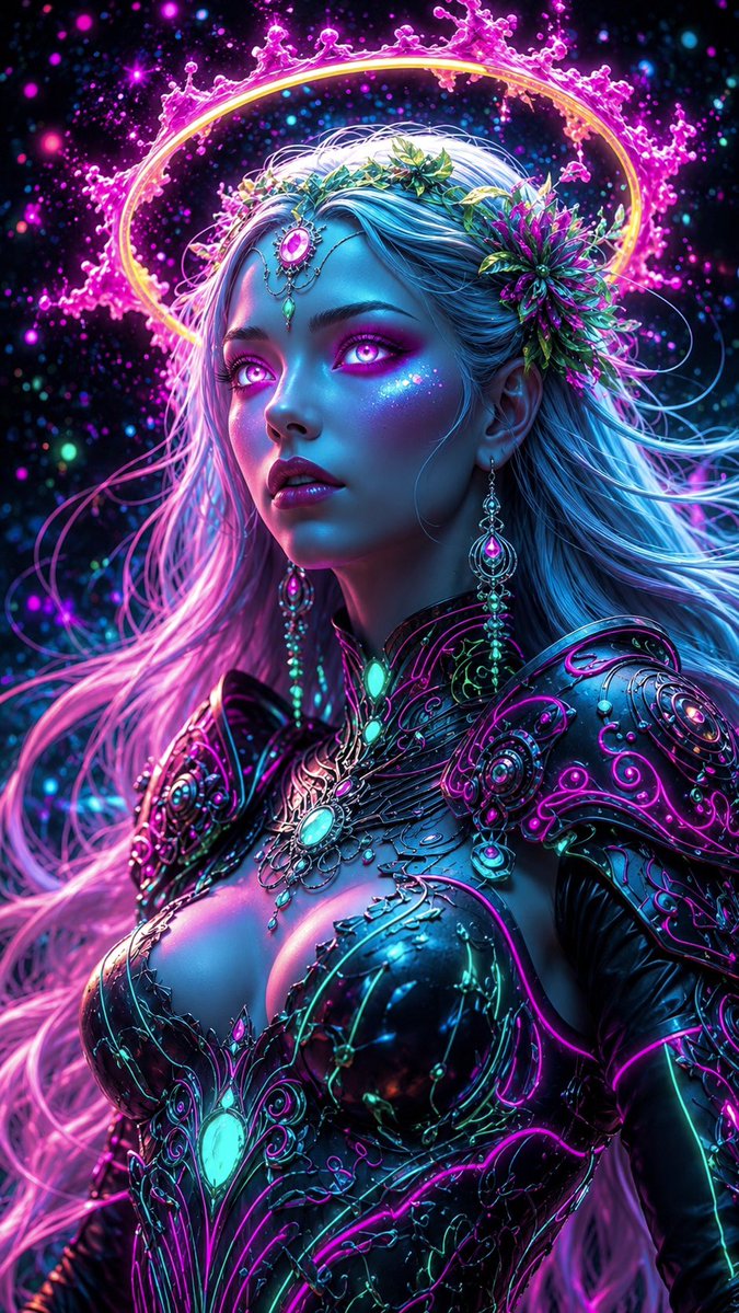 一位发光的赛博奇幻女神,身着华丽的黑色生物机械铠甲,其上刻有发光的青色、洋红和翡翠色电路。她有着飘逸的银蓝色长发,佩戴着花卉饰品和镶有宝石的耳…, 图片 1