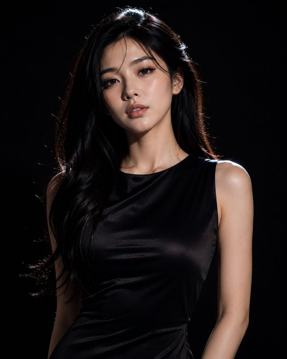 一次超写实的高端时装工作室摄影，由一位二十出头的美丽年轻韩国女性自信地摆出大胆、具有编辑风格的姿态。她拥有无瑕的瓷白肌肤、丝滑的长黑发、精致的…, 图片 1