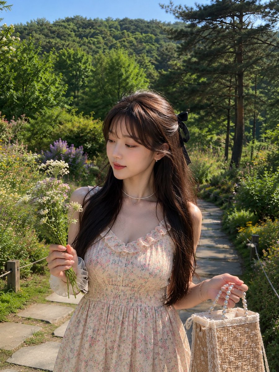 梦幻般的超写实肖像:一位美丽的年轻东亚女性,在一个明亮的春日下午漫步于郁郁葱葱的植物园中。她有着柔顺的深棕色长发,搭配柔和轻盈的空气刘海,佩戴…, 图片 2