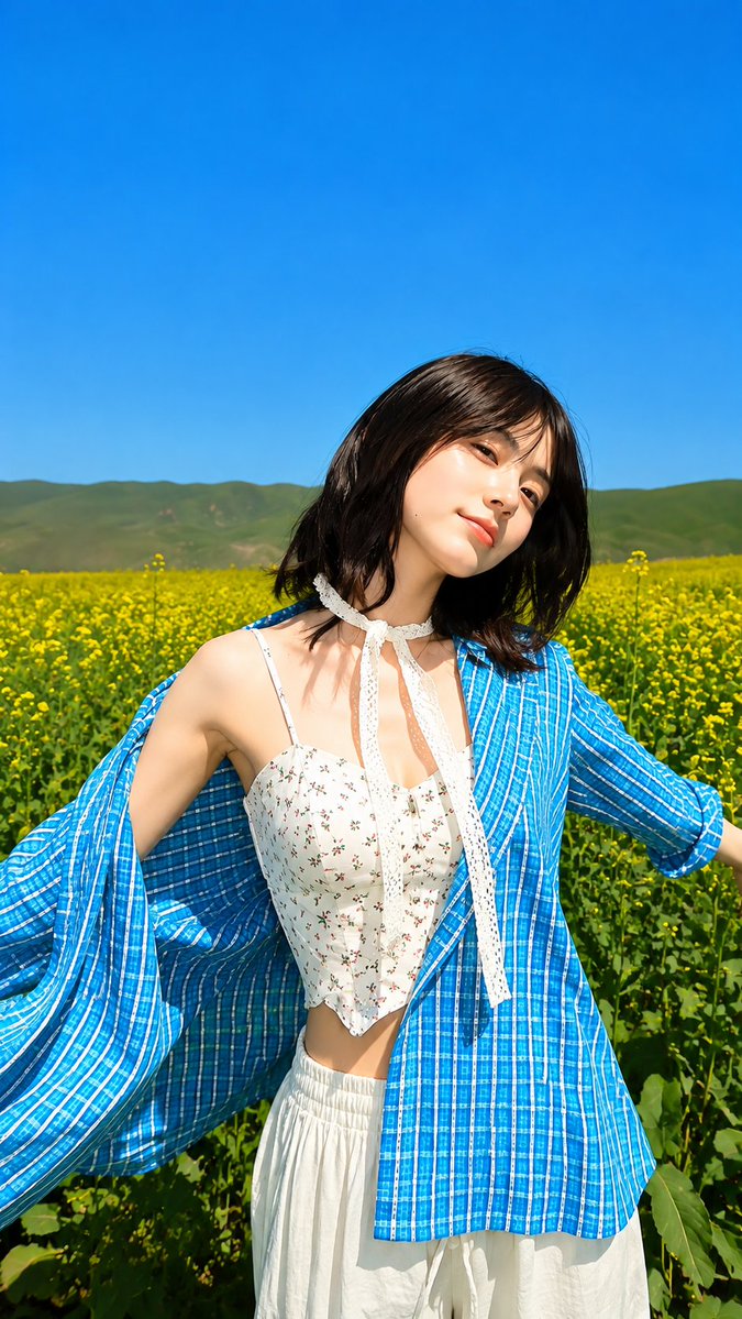 超现实主义的编辑级时尚摄影：一位年轻的东亚女性伫立于无尽绽放的黄色油菜花田中央，头顶是清澈深邃的湛蓝天空。以略低的仰视角度、三分之二侧面构图进…, 图片 1