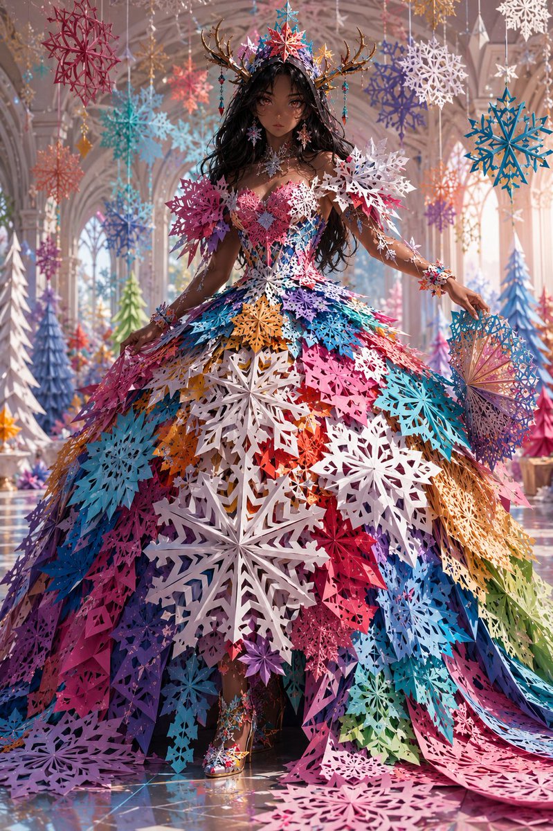 # 鲜艳纸质雪花裙 — 剪纸高级时装提示词, 图片 1