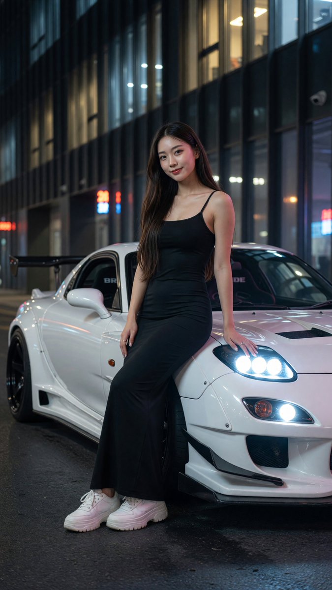 写实风格全身夜景人像:一位美丽的年轻东亚女性,二十出头,柔顺的深棕色长发如丝般垂落于一侧肩头,淡雅自然妆容,唇色微红,神情平静略带俏皮地凝视镜…, 图片 1