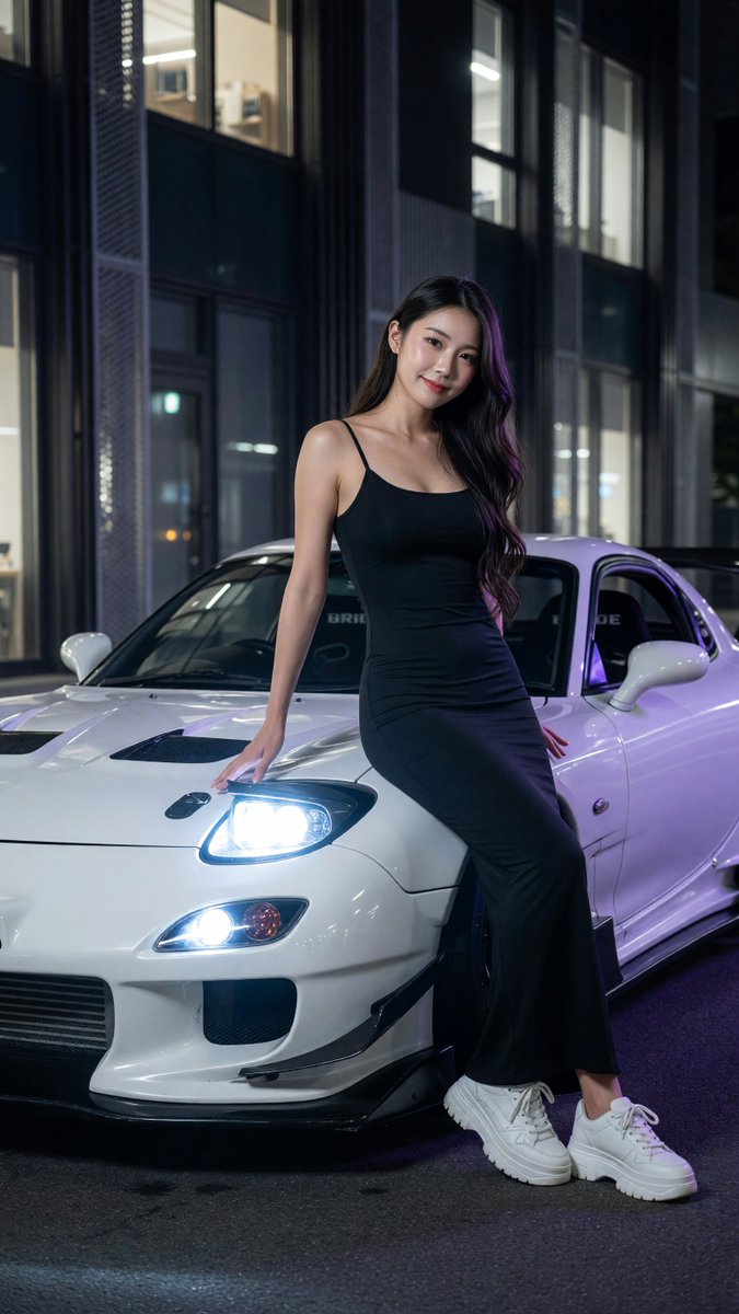 写实风格全身夜景人像:一位美丽的年轻东亚女性,二十出头,柔顺的深棕色长发如丝般垂落于一侧肩头,淡雅自然妆容,唇色微红,神情平静略带俏皮地凝视镜…, 图片 2
