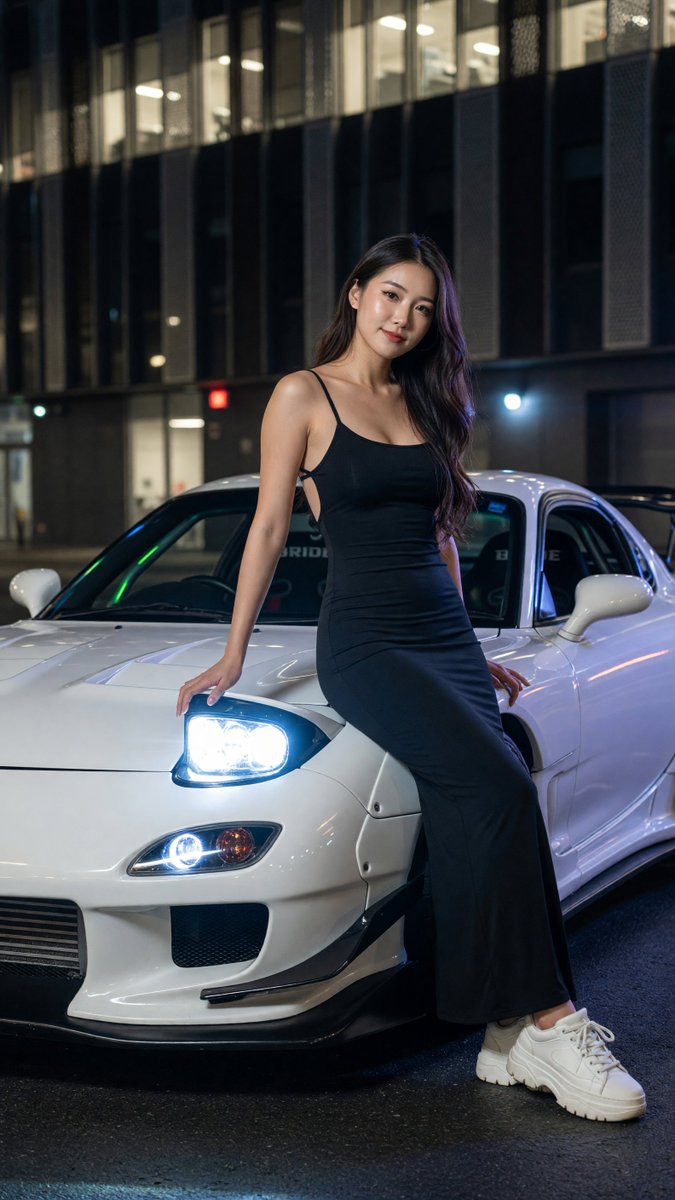 写实风格全身夜景人像:一位美丽的年轻东亚女性,二十出头,柔顺的深棕色长发如丝般垂落于一侧肩头,淡雅自然妆容,唇色微红,神情平静略带俏皮地凝视镜…, 图片 3