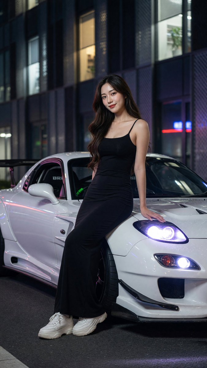 写实风格全身夜景人像:一位美丽的年轻东亚女性,二十出头,柔顺的深棕色长发如丝般垂落于一侧肩头,淡雅自然妆容,唇色微红,神情平静略带俏皮地凝视镜…, 图片 4