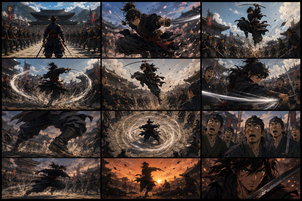 一位传奇的孤胆武士伫立于朝鲜王朝时代韩国都城的中央，四周环绕着传统的韩屋建筑、石板街道、宫门、飘扬的旌旗，以及远方云雾缭绕的山峦。他身披饱经风…, 图片 1