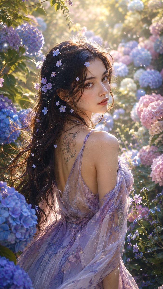 一位长发乌黑的女子身处如梦似幻的花园，盛开的绣球花——柔和的蓝、淡紫与浅粉花朵。花瓣上闪烁着露珠，花粉微粒在温暖的阳光中飘曳，野花与翠绿枝叶，…, 图片 1