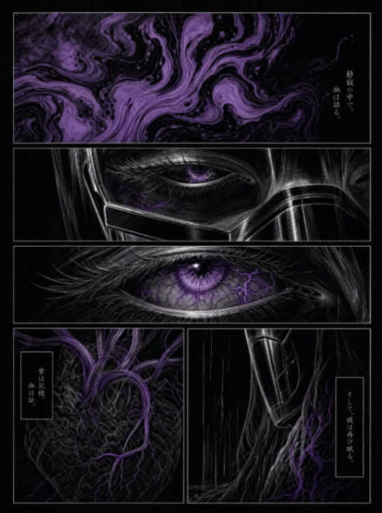 一幅混合媒介插画，结合漫画分镜布局、黑色背景上的精致白色线条艺术，以及稀疏的紫红色色彩点缀。线条艺术与渲染 细腻的白色墨水线条，辅以受控的排线…, 图片 1