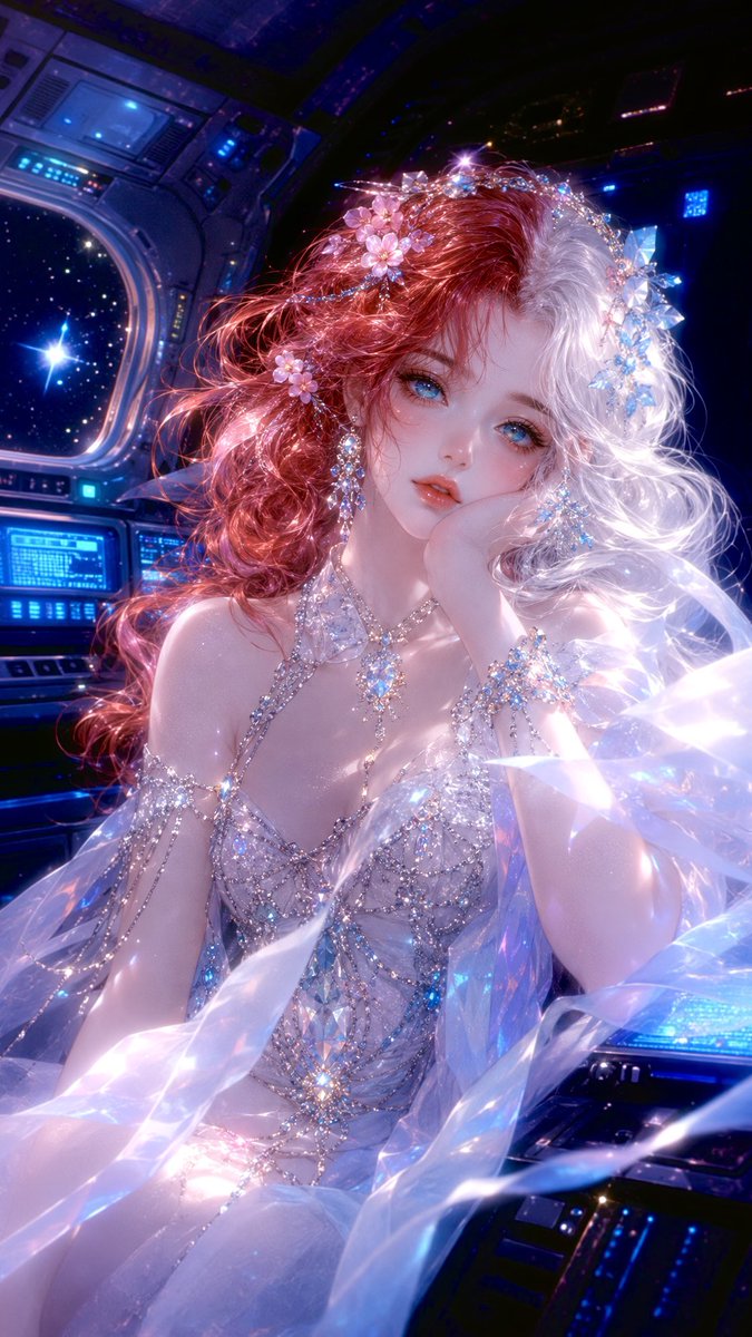 Vertical retro-futuristic fantasy glamour portrait of an ethereal young woman s…