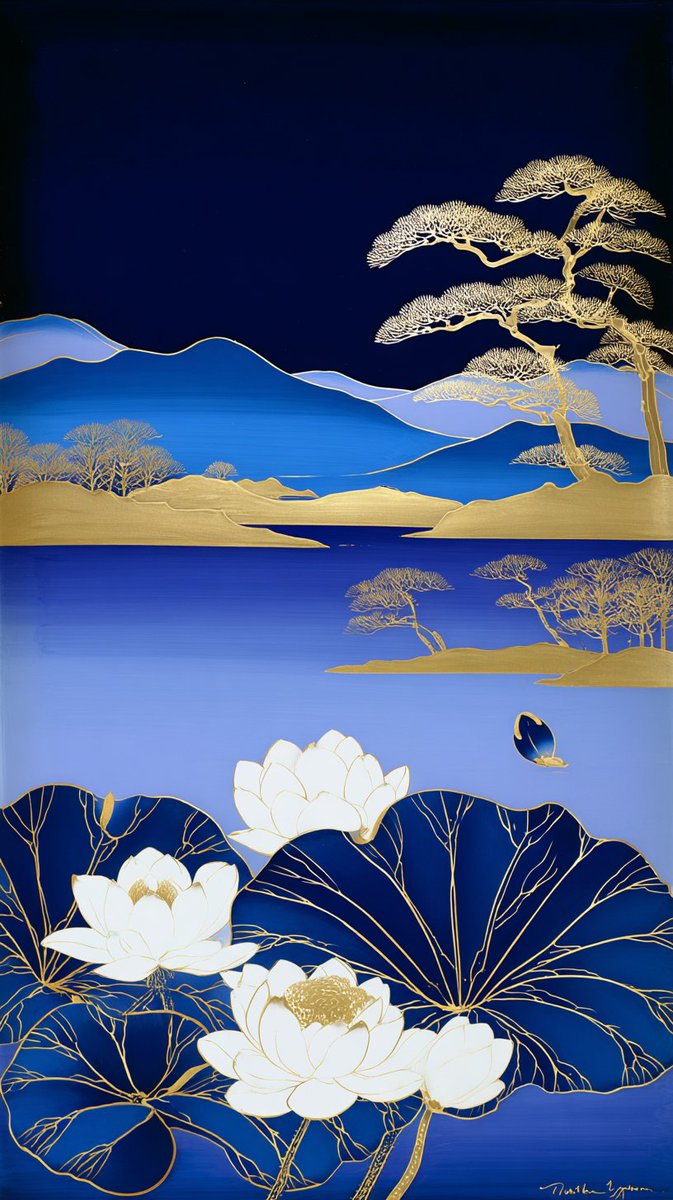 传统日本漆器艺术,莳绘风格,深靛蓝与金箔,宁静的夜景,前景为纯净的白色莲花,深蓝色荷叶带有精致的金色叶脉,平静的湖面带有细腻的金色涟漪,优雅的…, 图片 1