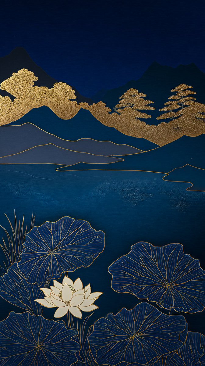 传统日本漆器艺术,莳绘风格,深靛蓝与金箔,宁静的夜景,前景为纯净的白色莲花,深蓝色荷叶带有精致的金色叶脉,平静的湖面带有细腻的金色涟漪,优雅的…, 图片 2
