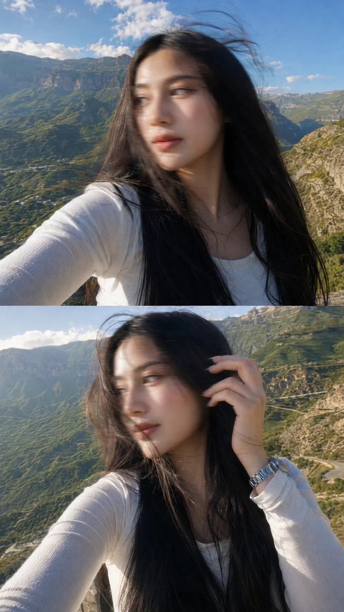 一张梦幻电影感的自拍照：一位美丽的年轻女子站在山顶观景点，长发笔直乌黑，拍摄于黄金时刻。她身穿一件修身白色长袖上衣，佩戴一只银色金属腕表。微风…, 图片 1