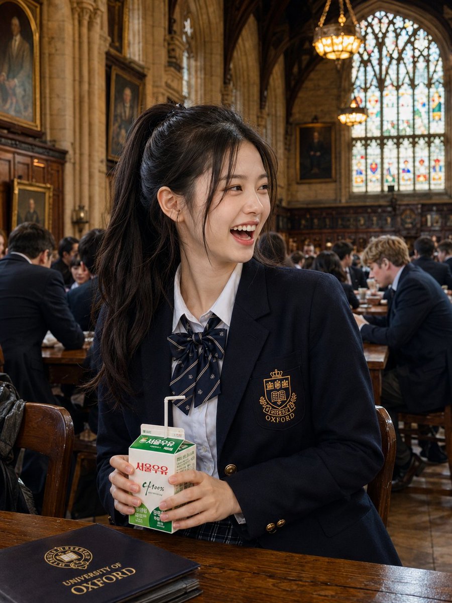 在牛津大学历史悠久的餐厅午餐时段，拍摄一位美丽的东亚年轻女性的超写实抓拍人像。她拥有一头柔顺的乌黑长发，扎成高马尾，配以柔和的修饰脸型发丝，瓷…, 图片 1