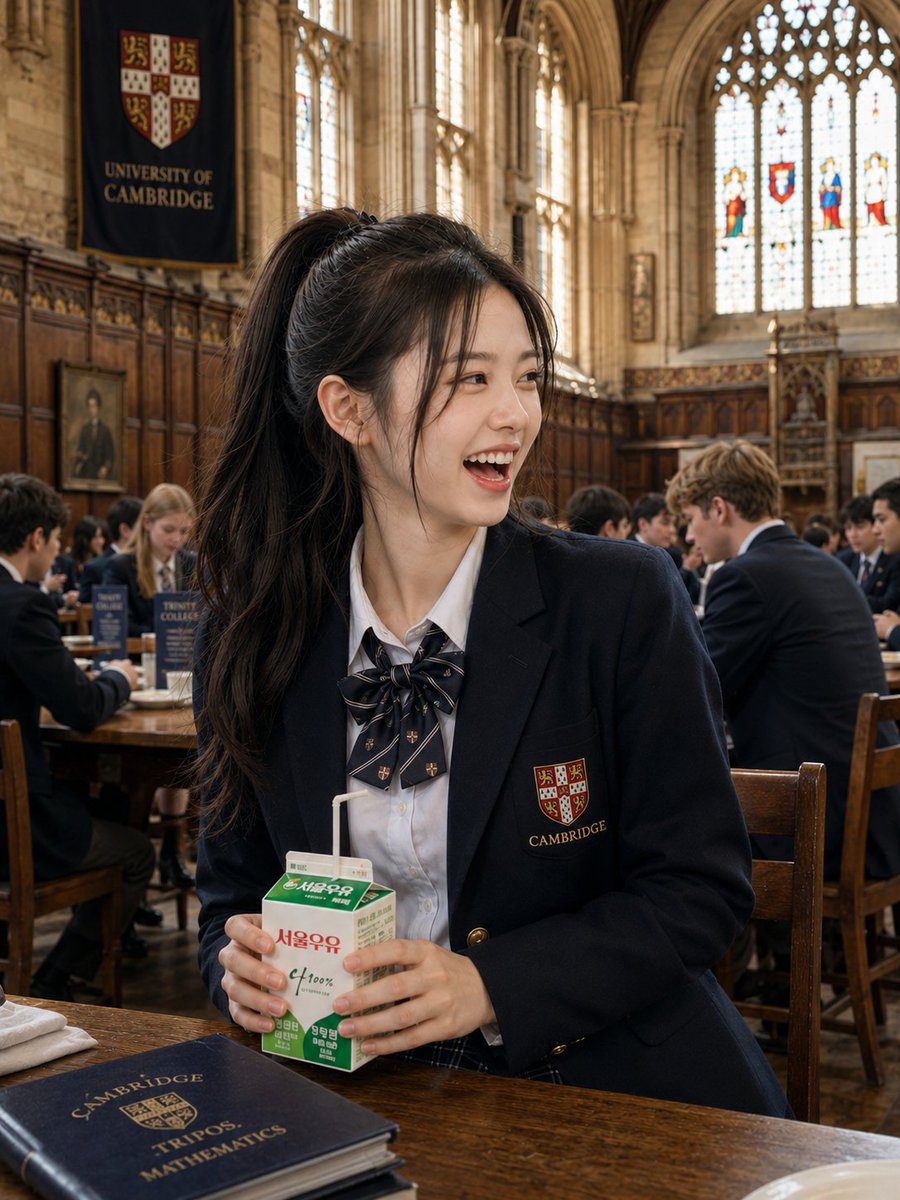 在牛津大学历史悠久的餐厅午餐时段，拍摄一位美丽的东亚年轻女性的超写实抓拍人像。她拥有一头柔顺的乌黑长发，扎成高马尾，配以柔和的修饰脸型发丝，瓷…, 图片 2