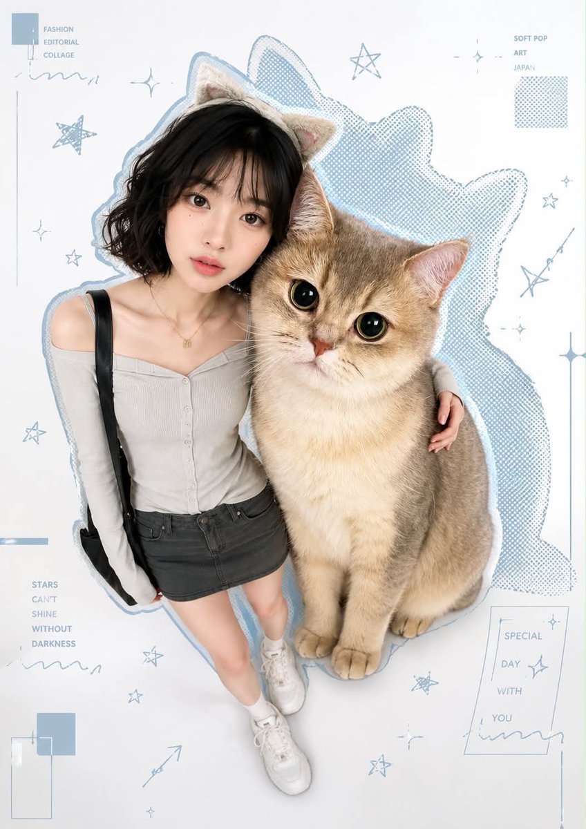 一张时尚编辑拼贴风格的照片，采用Y2K"柔和波普艺术"美学，画面中一位亚洲模特在一面白色的背景前与一只宠物俏皮地摆姿势。模特和宠物都有独特的蓝…, 图片 1