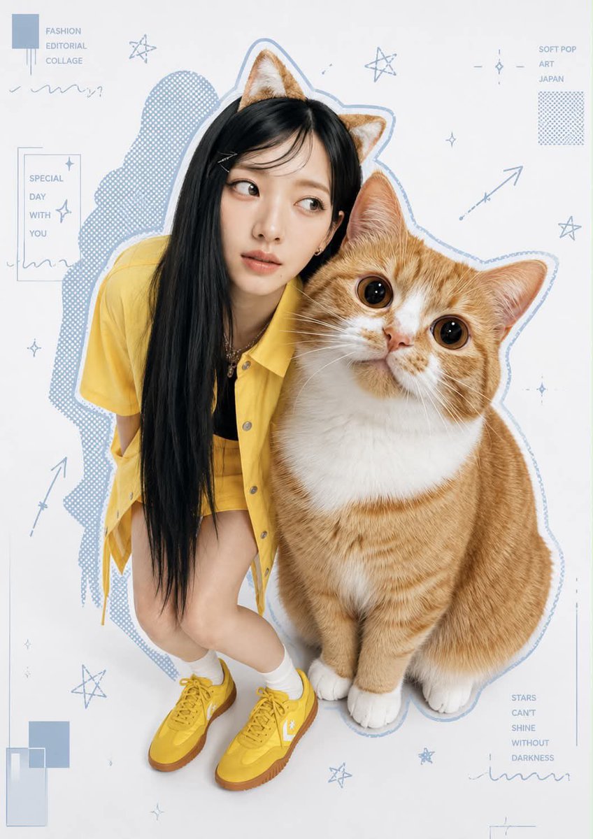 一张时尚编辑拼贴风格的照片，采用Y2K"柔和波普艺术"美学，画面中一位亚洲模特在一面白色的背景前与一只宠物俏皮地摆姿势。模特和宠物都有独特的蓝…, 图片 2