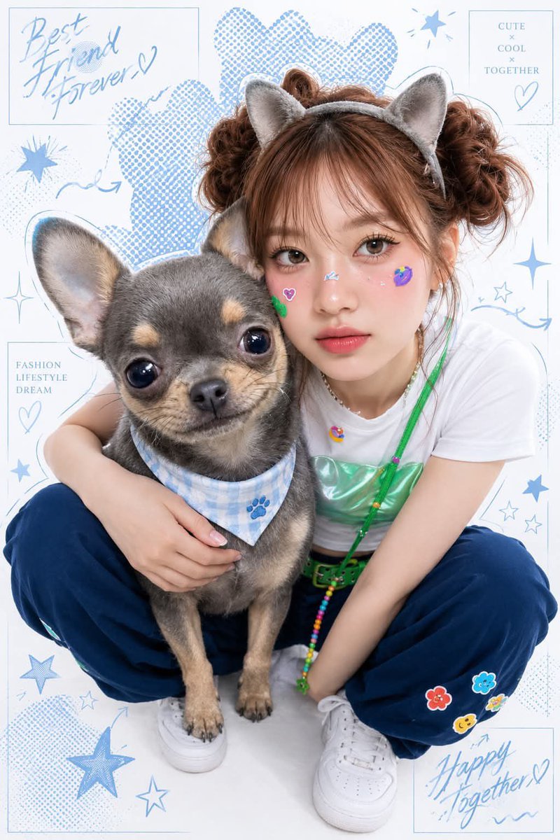一张时尚编辑拼贴风格的照片，采用Y2K"柔和波普艺术"美学，画面中一位亚洲模特在一面白色的背景前与一只宠物俏皮地摆姿势。模特和宠物都有独特的蓝…, 图片 3