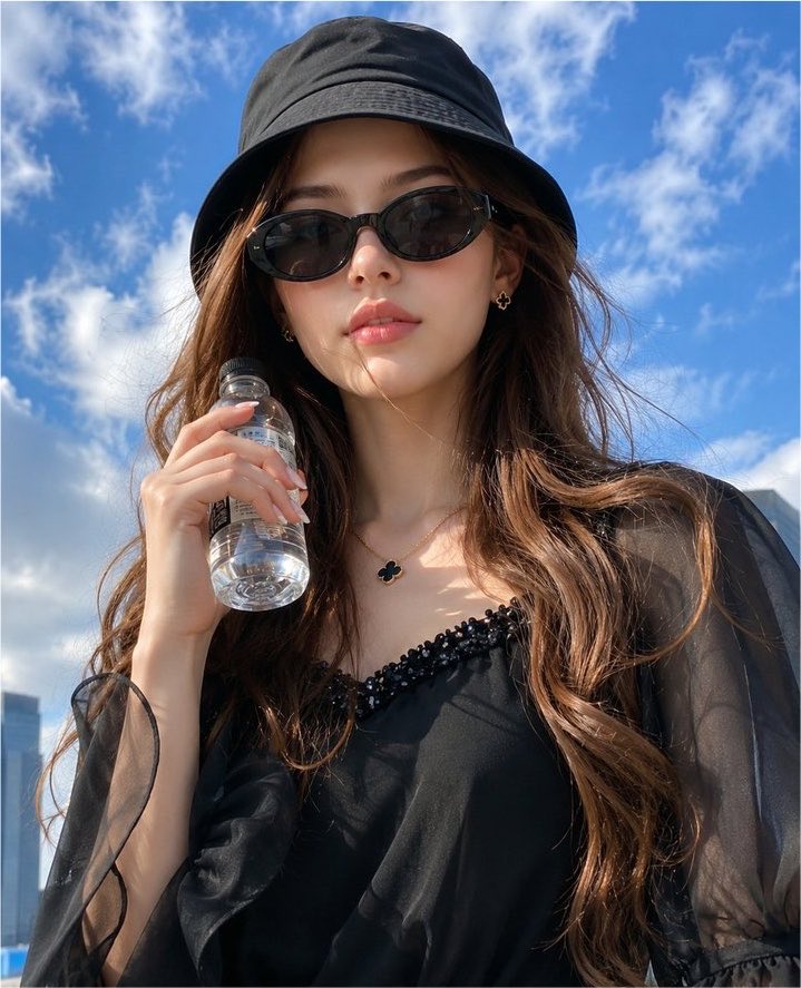 超现实主义时尚人像照：一位时髦的年轻女性置身户外，头顶是鲜艳的蓝色夏日天空和柔和的白云。采用智能手机从胸部高度向上的低角度仰拍视角，营造出强烈…, 图片 1