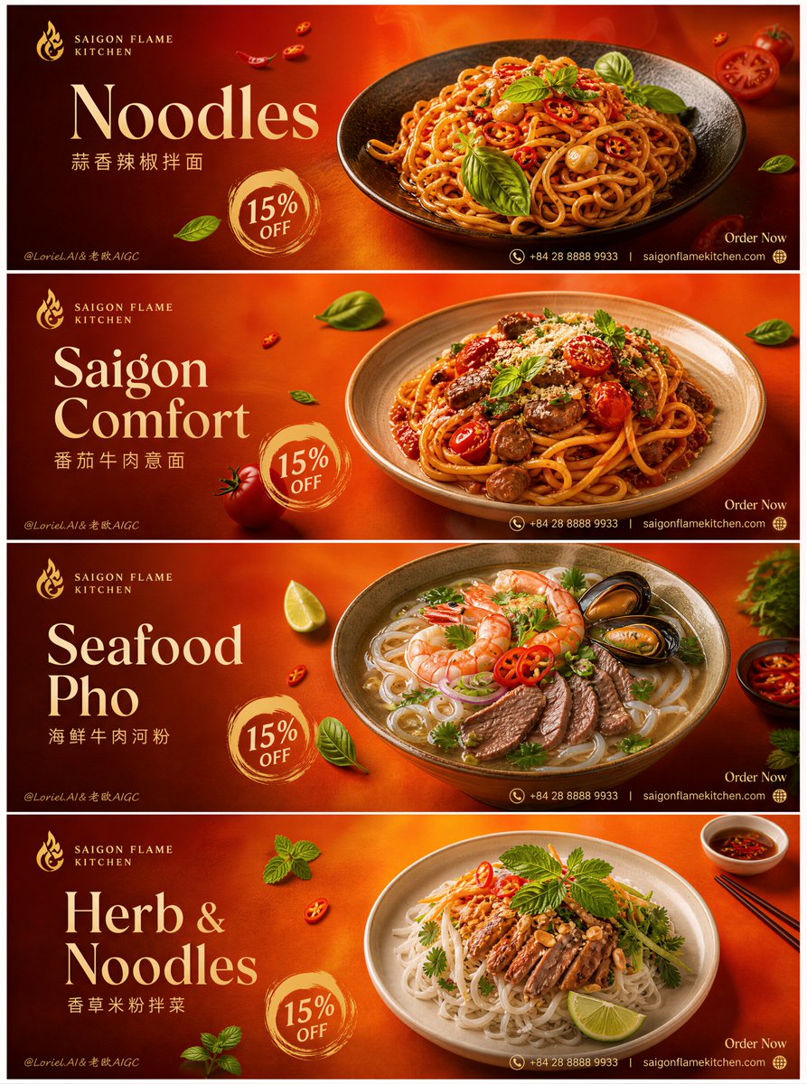 改变的布局结构,网页布局,产品卡片网格,廉价餐厅传单,伪造的面条质感,塑料感的食物,杂乱的排版,通用食品广告,卡通图形,过于饱和的颜色,低细节…, 图片 2