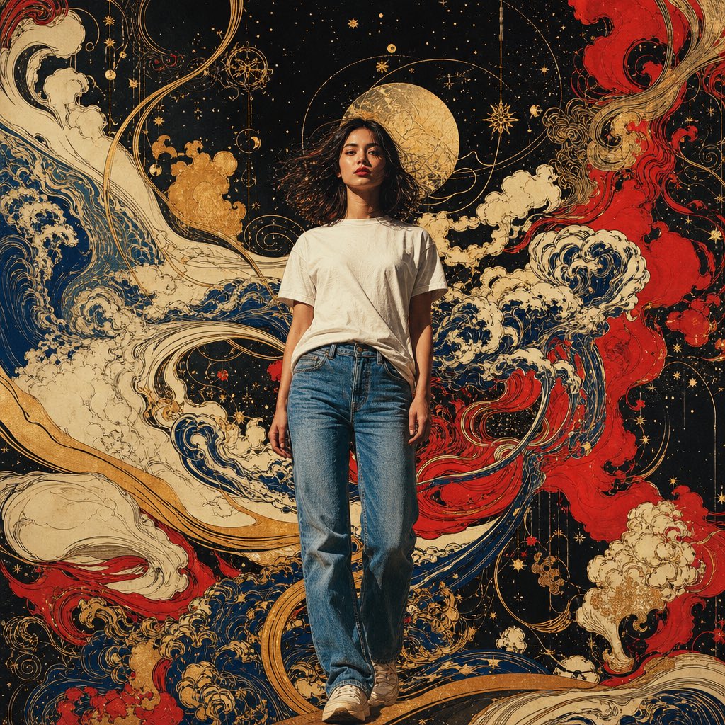 超现实主义极繁时尚艺术作品,天生丽质的年轻女性,全身,近前景,面向镜头,神情平静而富有吸引力。身穿宽松的纯白棉质T恤、褪色中蓝色直筒牛仔裤,齐…, 图片 1