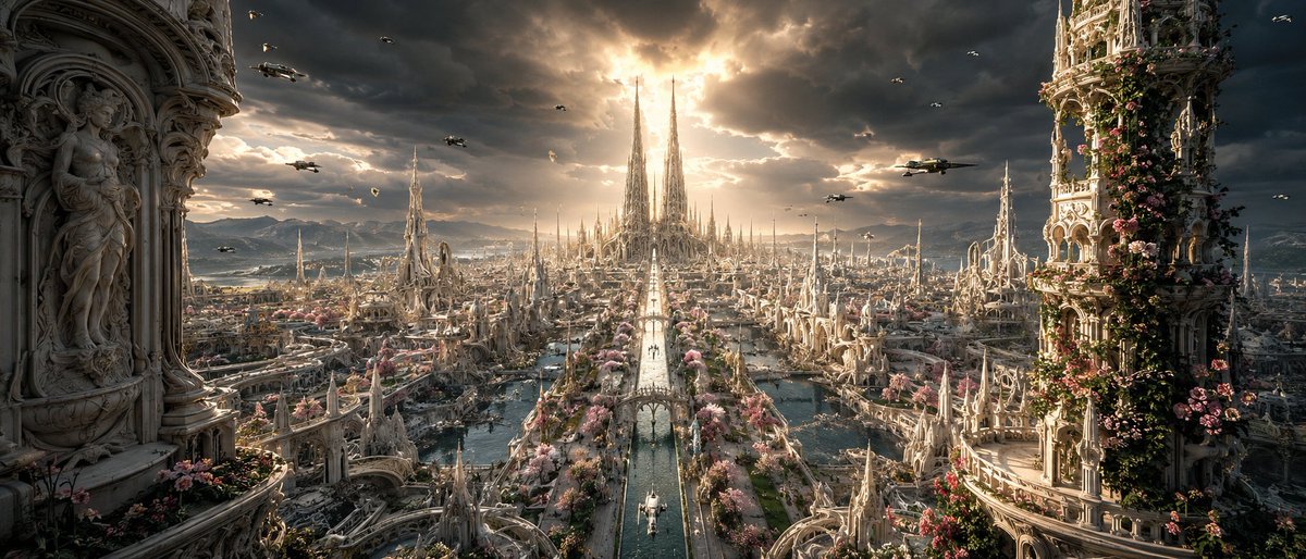 超写实生物有机奇幻科幻3D渲染,广阔的未来主义哥特巨型都市,由骨白色生物机械尖塔构成,形似融化的蜡或珊瑚形态,两座高耸的双子针塔刺入消失点的风…, 图片 1