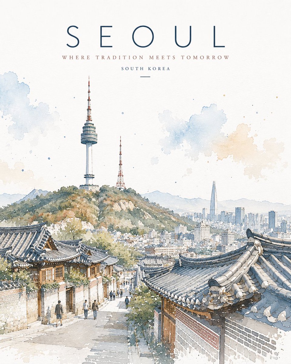 极简水彩旅行海报插画，描绘 [LOCATION/LANDMARK]，优雅的建筑素描，带有表现力十足的墨线线条与松散的水彩晕染，明亮的白色纸张背…, 图片 1