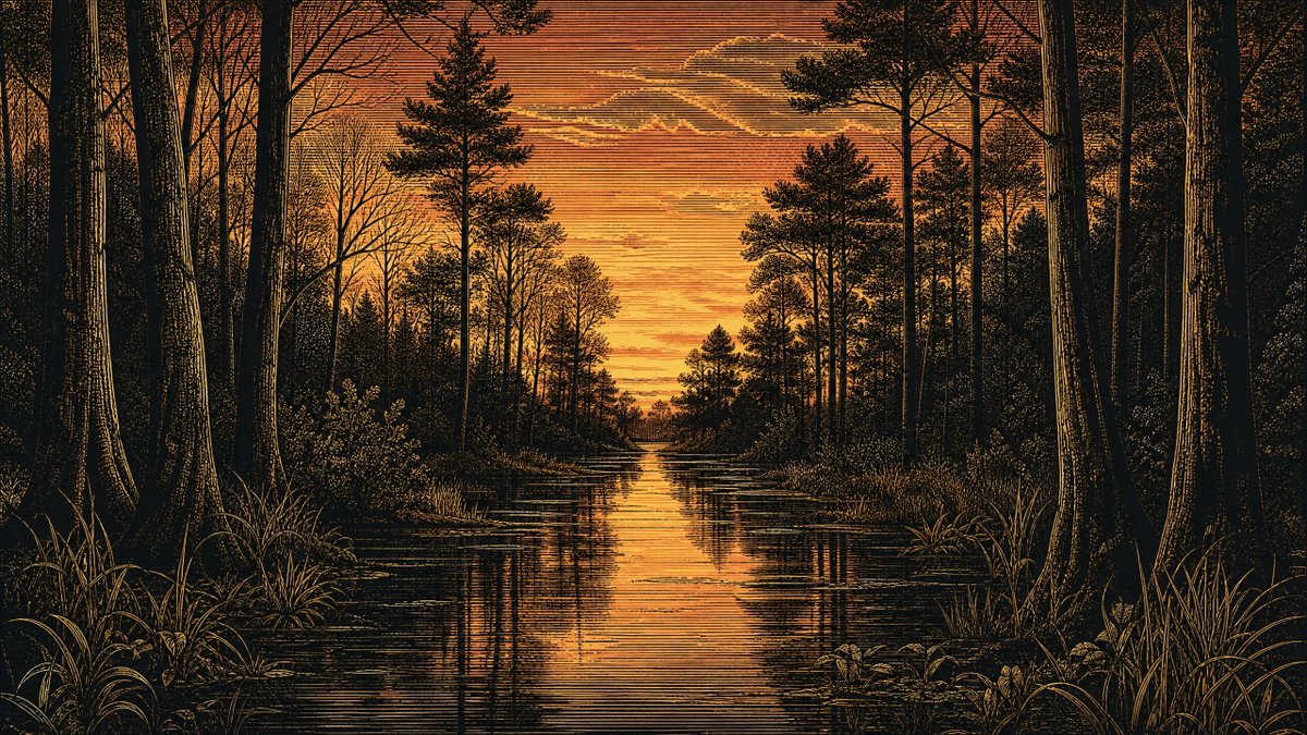 一幅高度精致的复古风格风景插画,描绘黄昏时分静谧的森林湿地,采用雕版印刷或刮版画艺术作品的视觉效果。画面以深邃的黑色剪影和温暖的金色线条为主,…, 图片 1