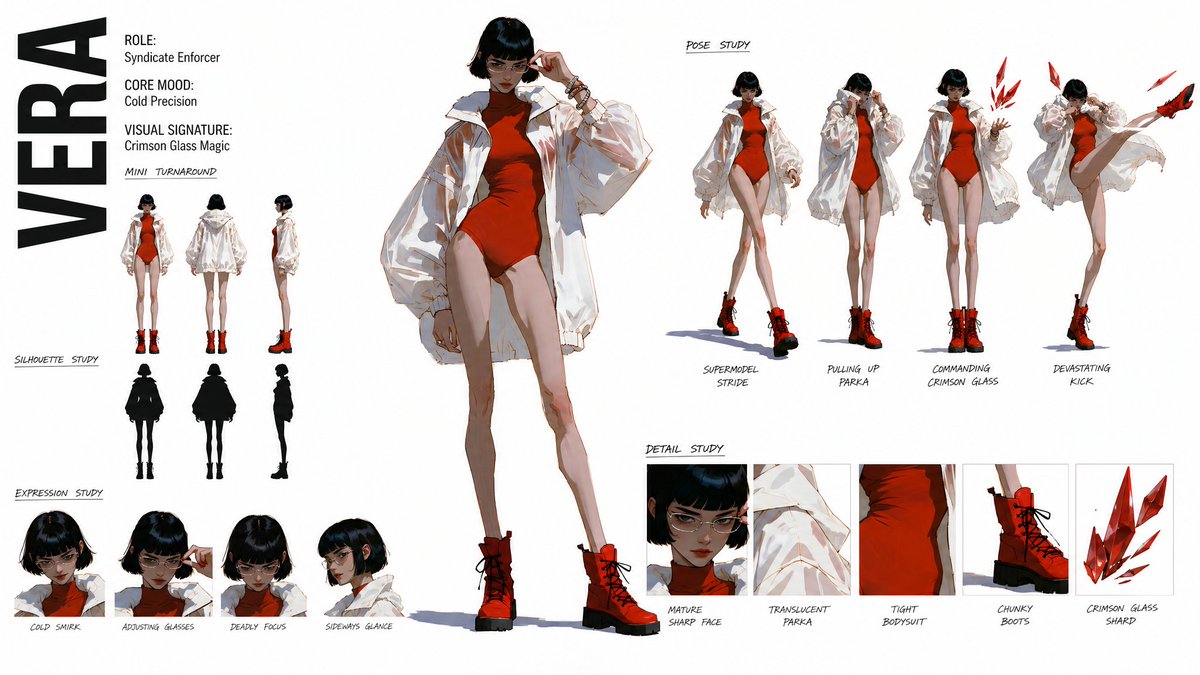 创作一份高级、现代的高端时尚角色概念美术设定表（CHARACTER CONCEPT ART SHEET），采用 16:9 宽屏布局，背景为纯白…, 图片 1
