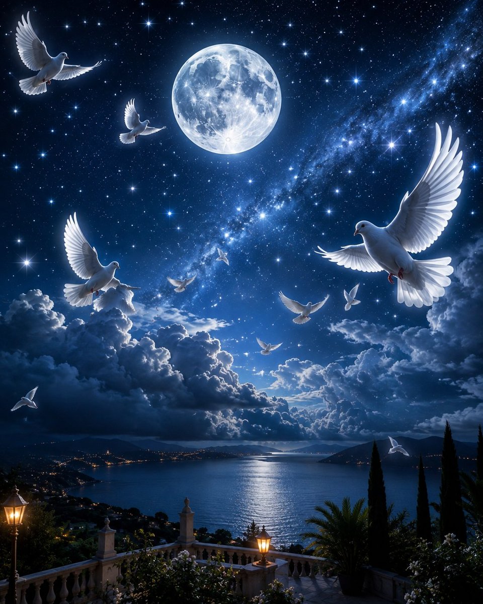 An ultra-cinematic, hyper-realistic night sky with a gigantic glowing full moon…